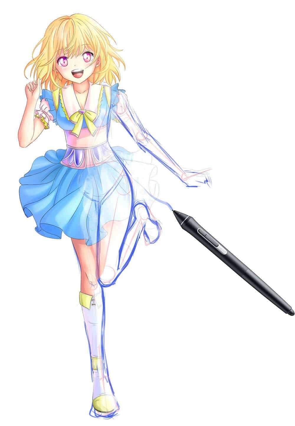 Personnage manga dessiné au stylet, en cours de colorisation