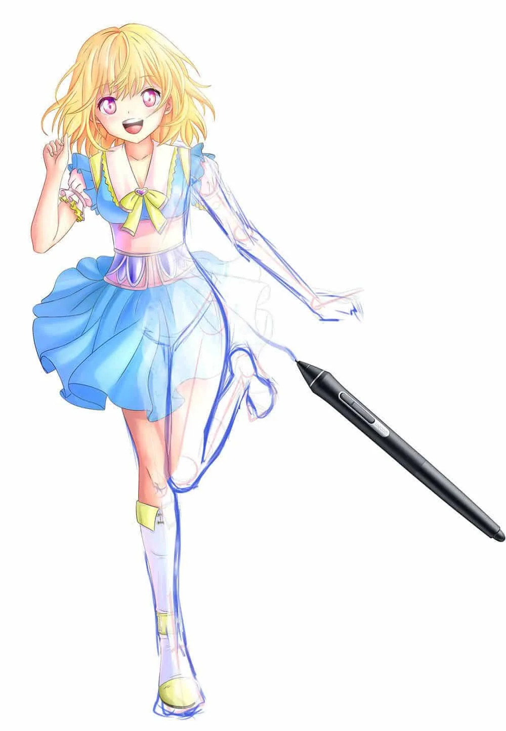Personnage manga dessiné au stylet, en cours de colorisation