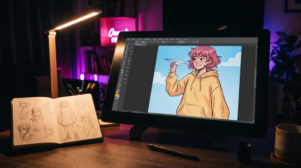 Écran à stylet posé au bord d'un bureau, avec une illustration en cours dans l'interface de Clip Studio Paint, le stylet posé à côté