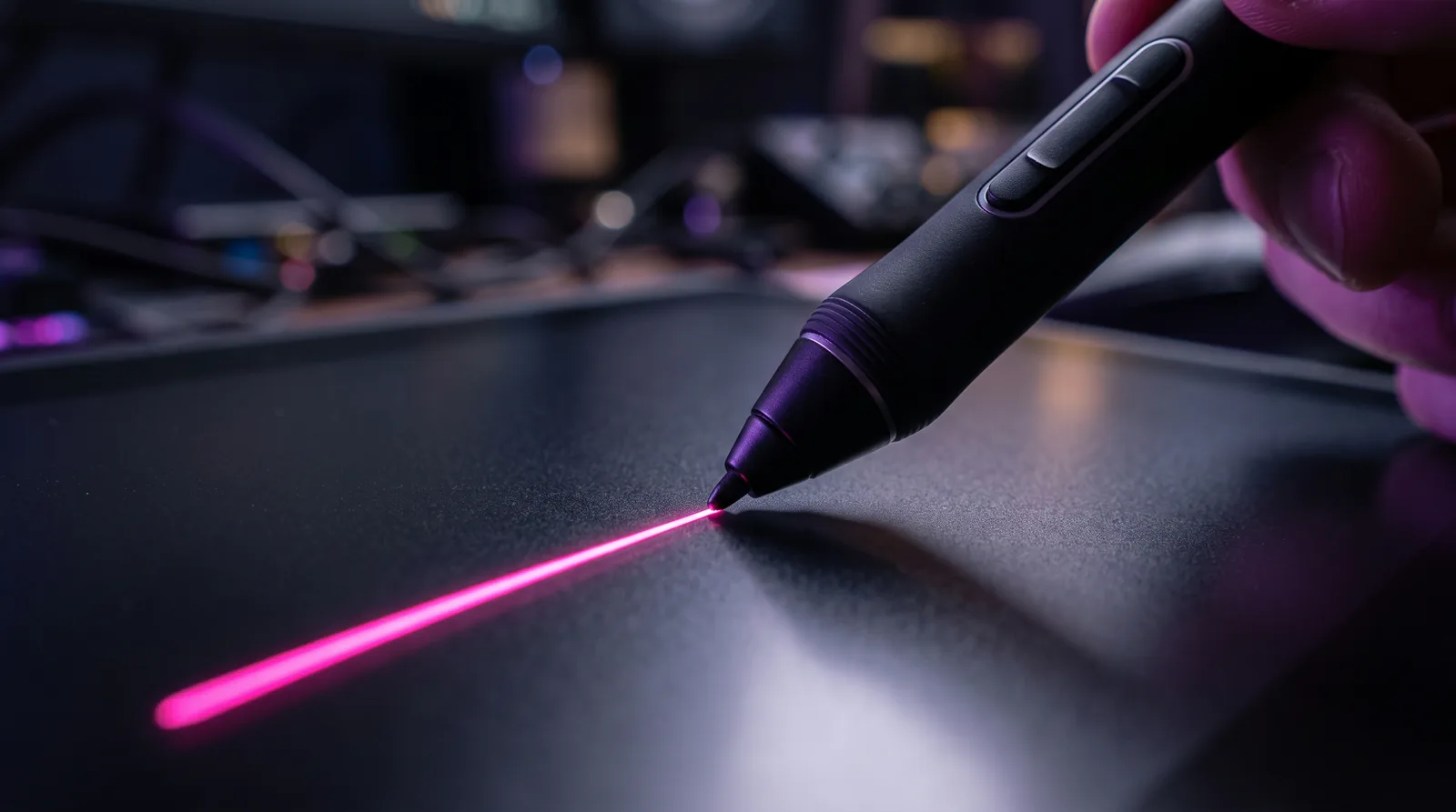 Gros plan sur la pointe d'un stylet qui trace une ligne rose néon sur un écran mat