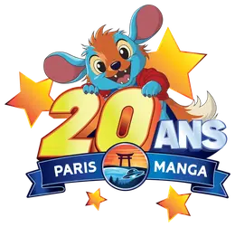 Logo des 20 ans du Paris Manga avec sa mascotte
