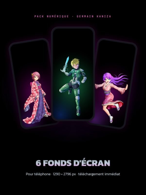 Trois téléphones affichant des fonds d'écran manga de Germain Kaniza