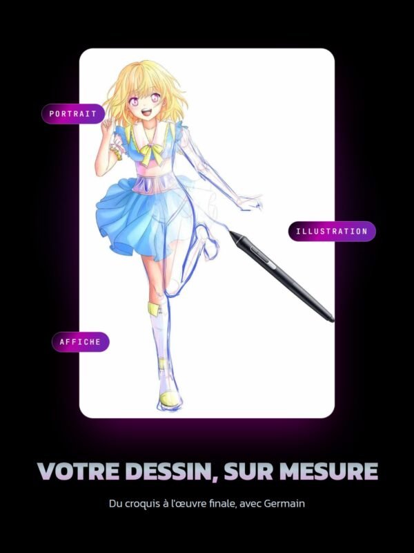 Illustration manga en cours de création sur tablette Wacom, commande sur mesure